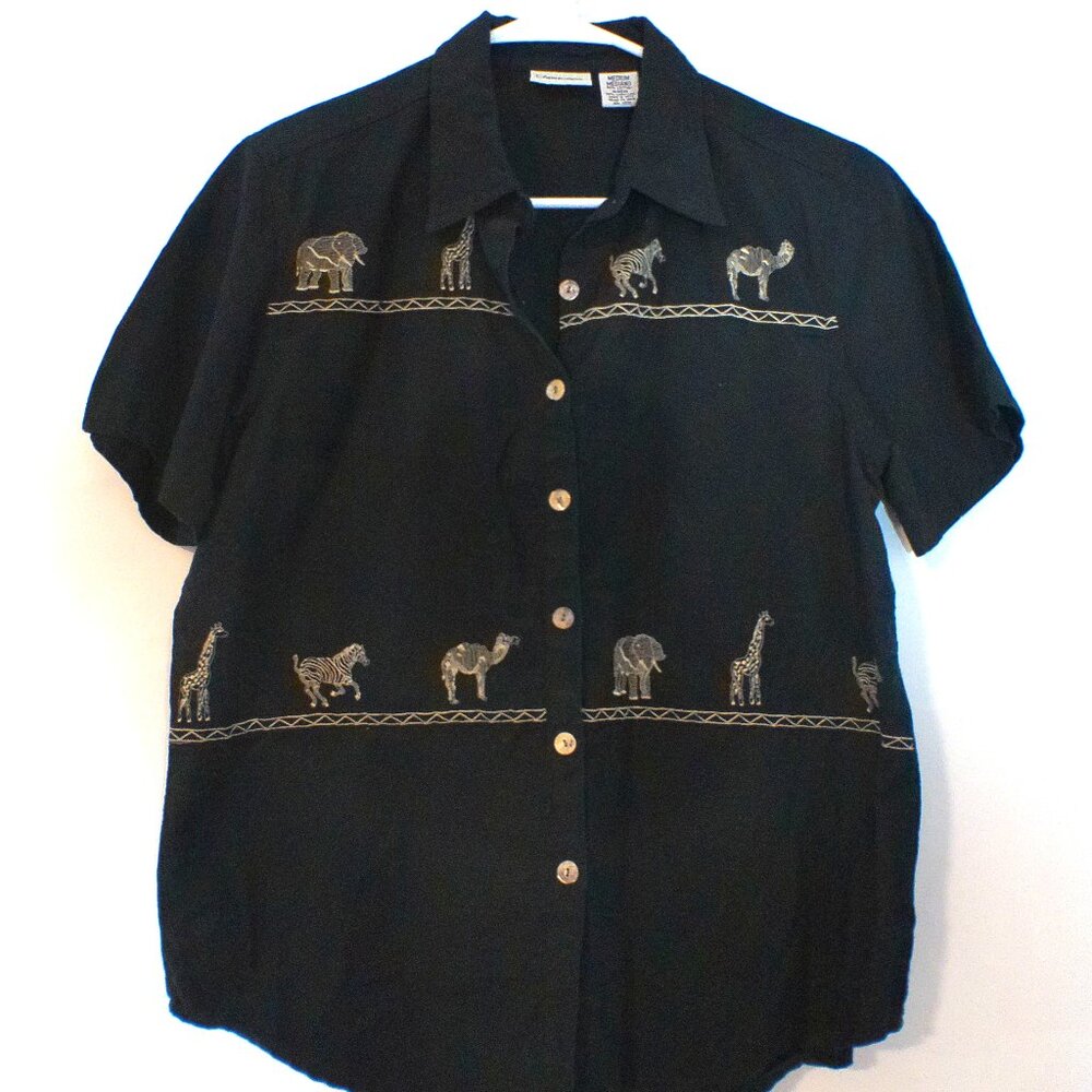 Cabin Creek Safari Animal Embroidered Button Front Shirt Medium #1487